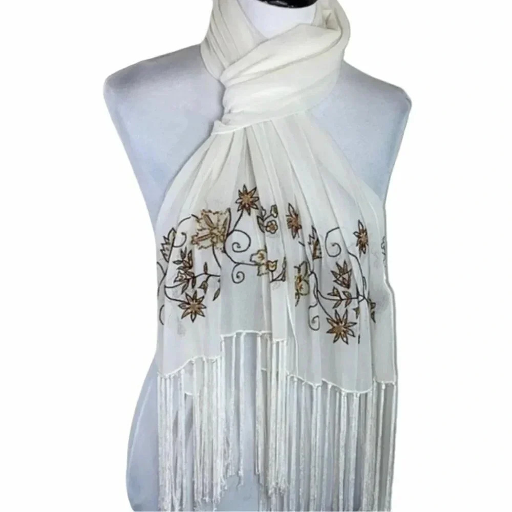 Collection XIIX sheer 88” cream‎ beaded scarf